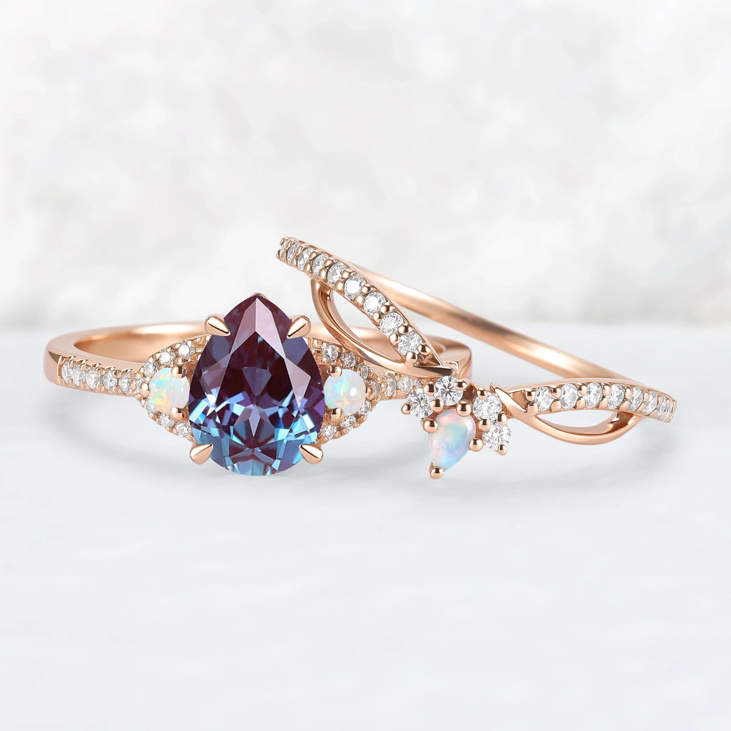 Unique Pear Cut Alexandrite Vine Gemstone Ring Set 2pcs