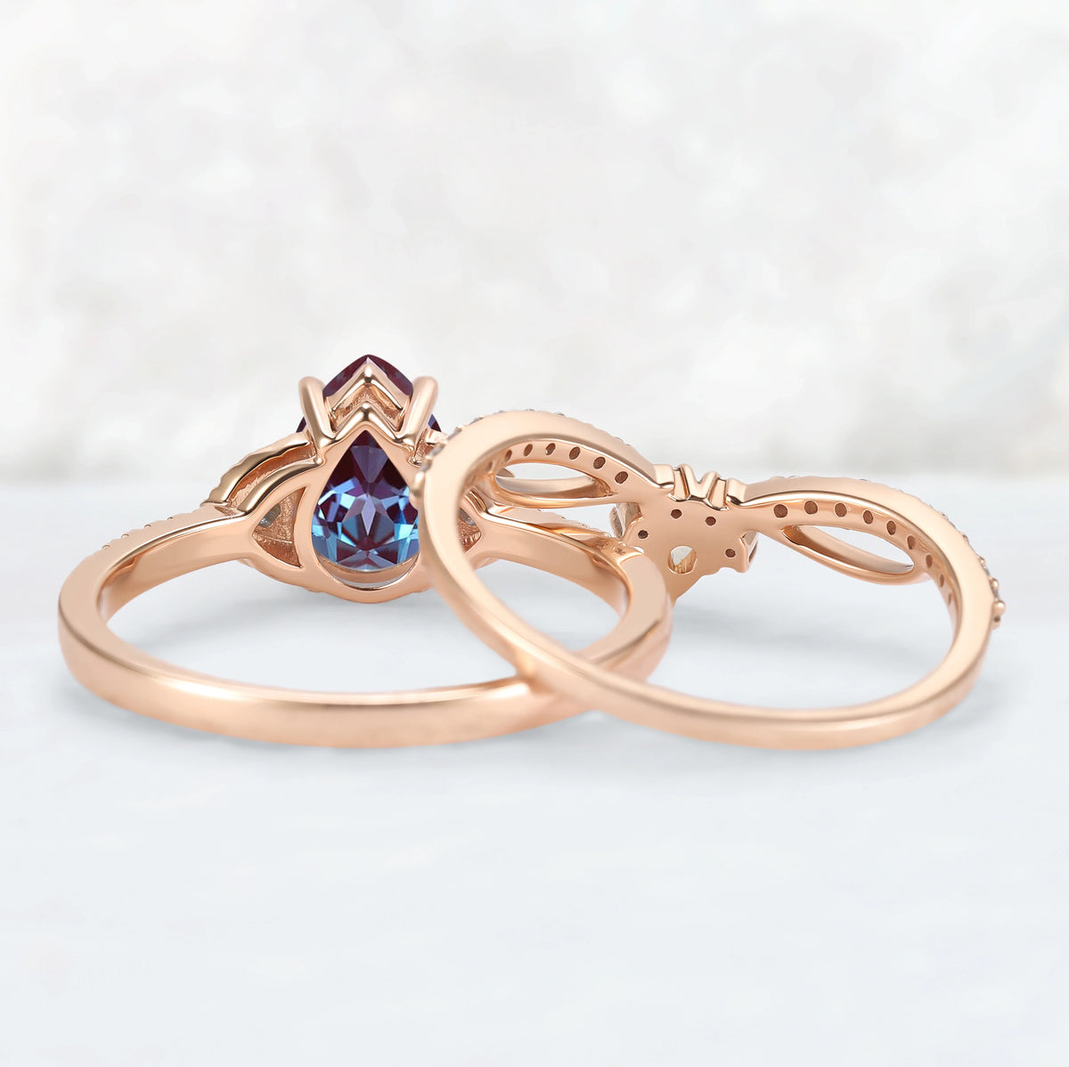 Unique Pear Cut Alexandrite Vine Gemstone Ring Set 2pcs