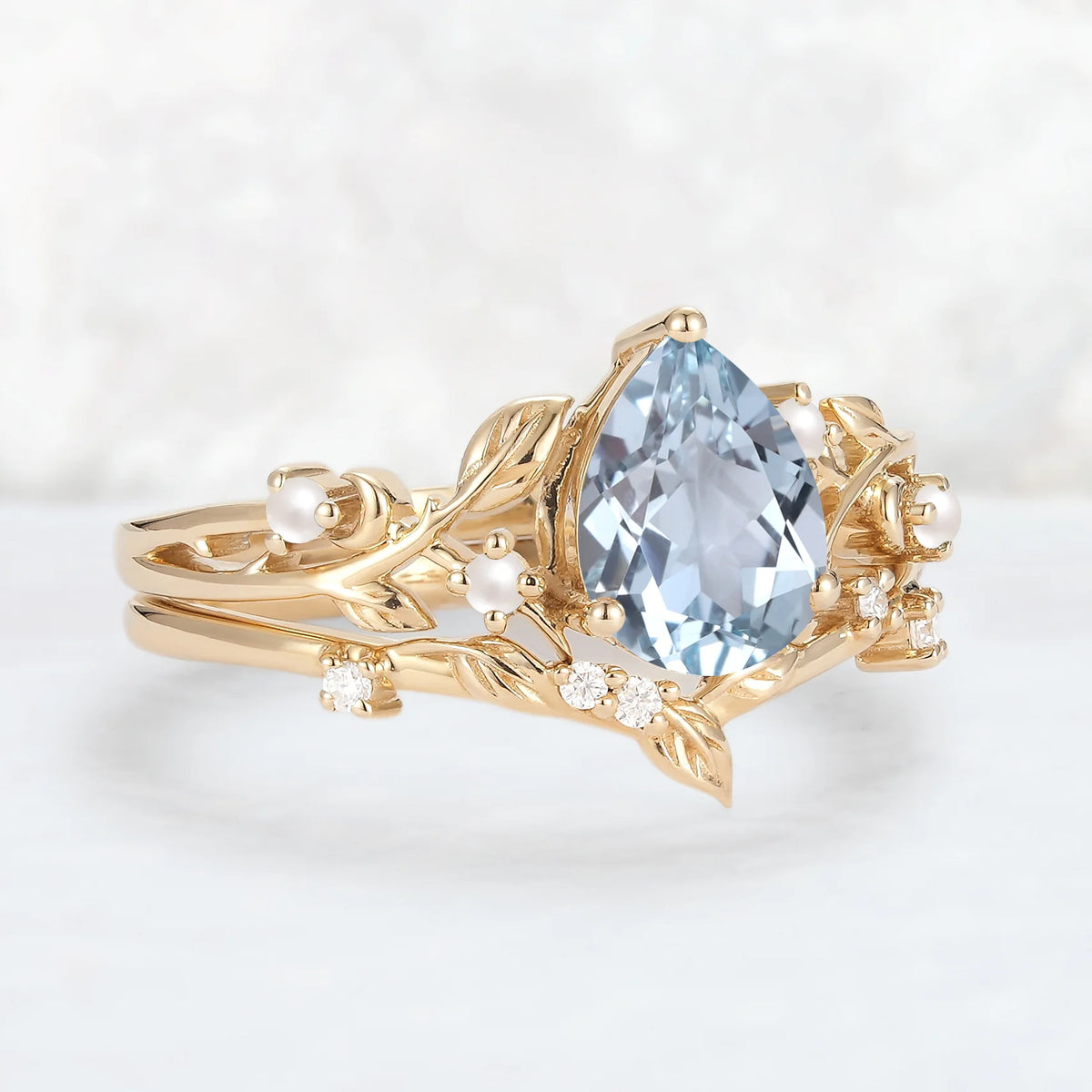 Unique Pear Cut Aquamarine Leafy Engagement Ring 2pcs