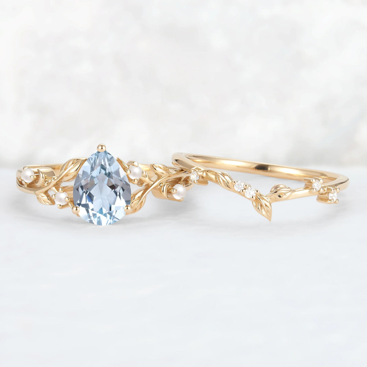 Unique Pear Cut Aquamarine Leafy Engagement Ring 2pcs