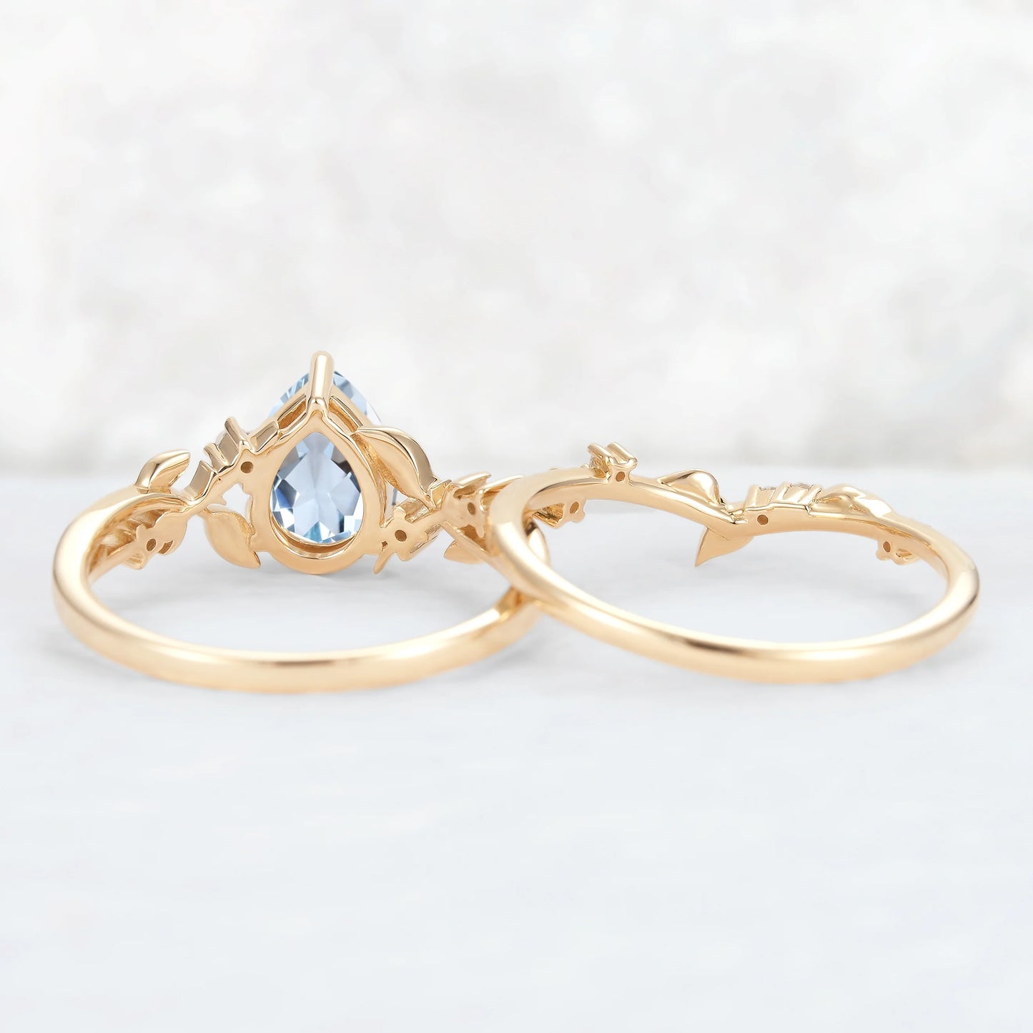 Unique Pear Cut Aquamarine Leafy Engagement Ring 2pcs