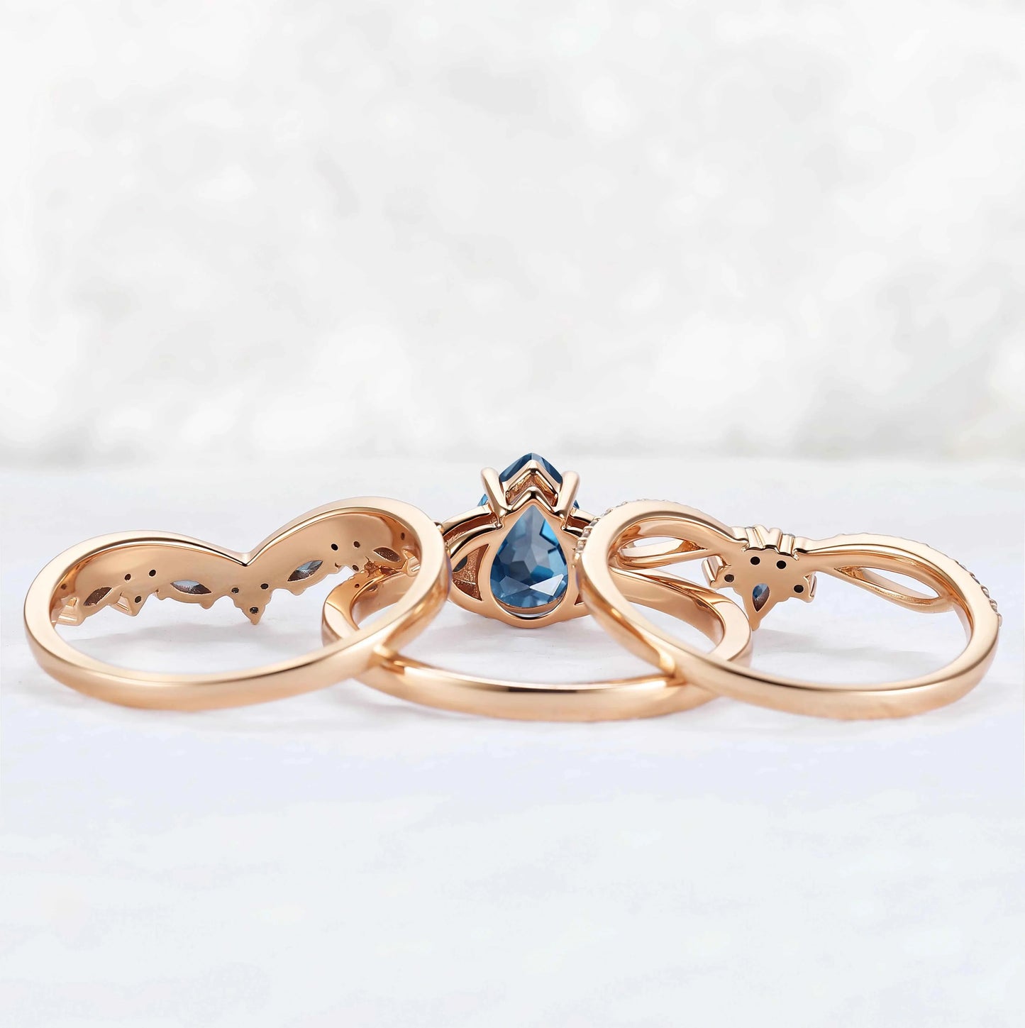 Unique Pear Cut Blue Topaz Vine Gemstone Ring Set 3pcs