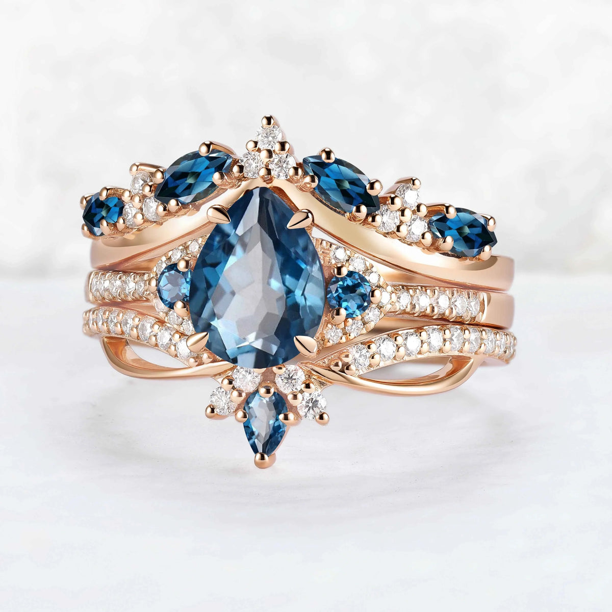 Unique Pear Cut Blue Topaz Vine Gemstone Ring Set 3pcs