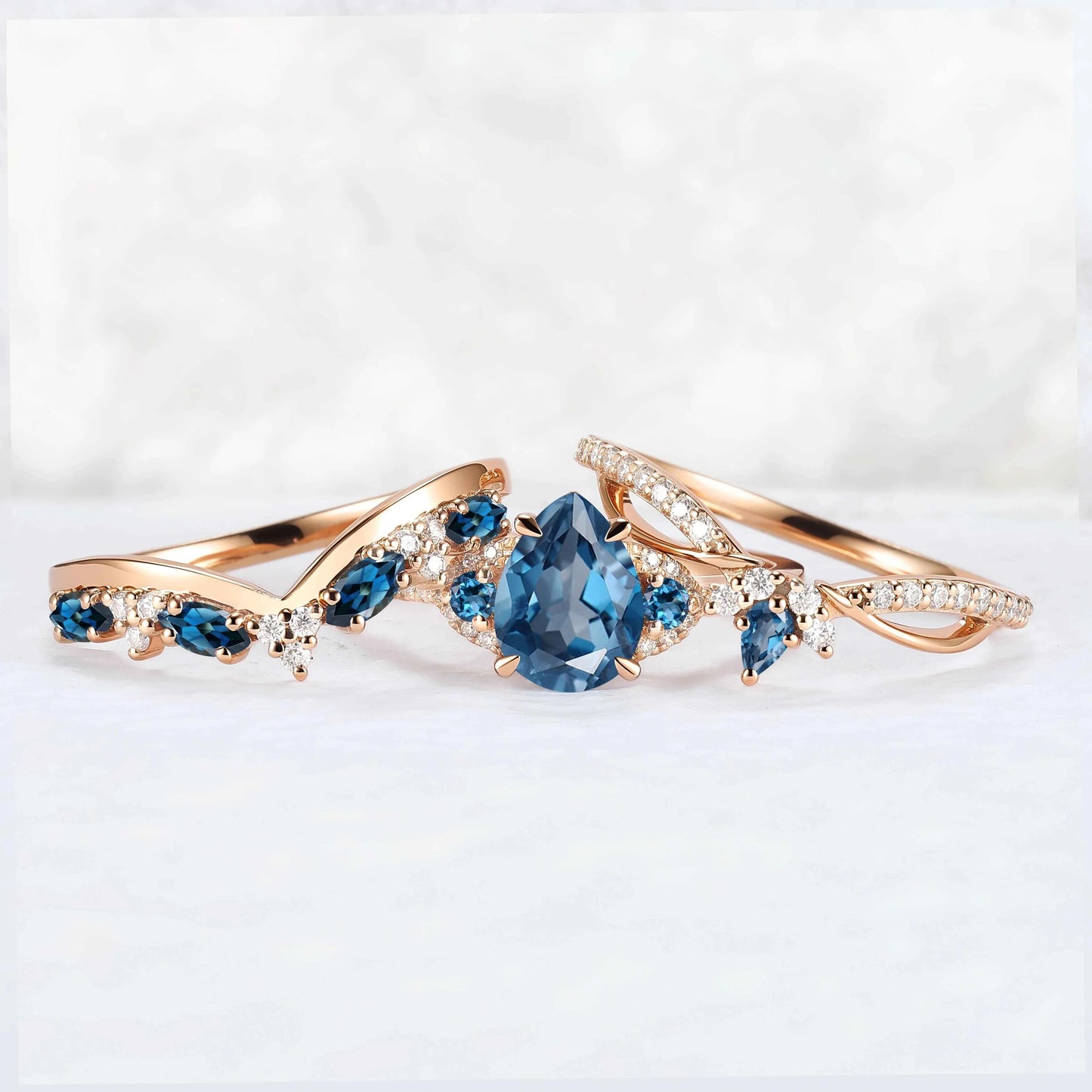 Unique Pear Cut Blue Topaz Vine Gemstone Ring Set 3pcs
