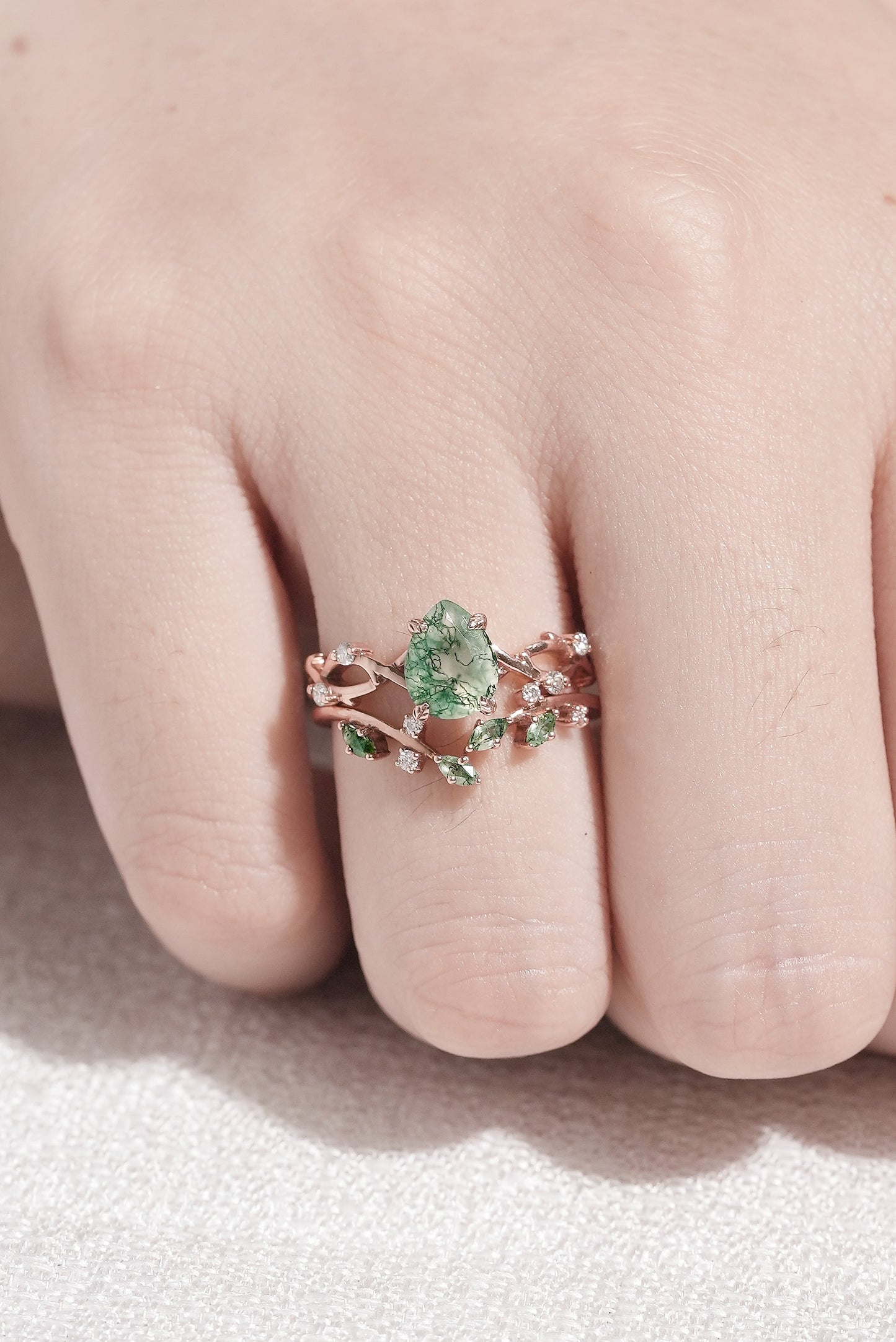 Unique Pear Cut Moss Agate Leaf and Vine Ring Set 2pcs