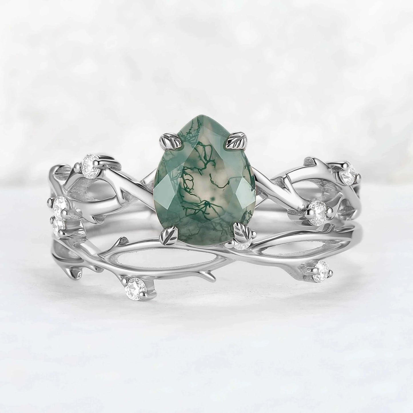 Unique Pear Cut Moss Agate Leaf and Vine Gemstone Ring Set 2pcs