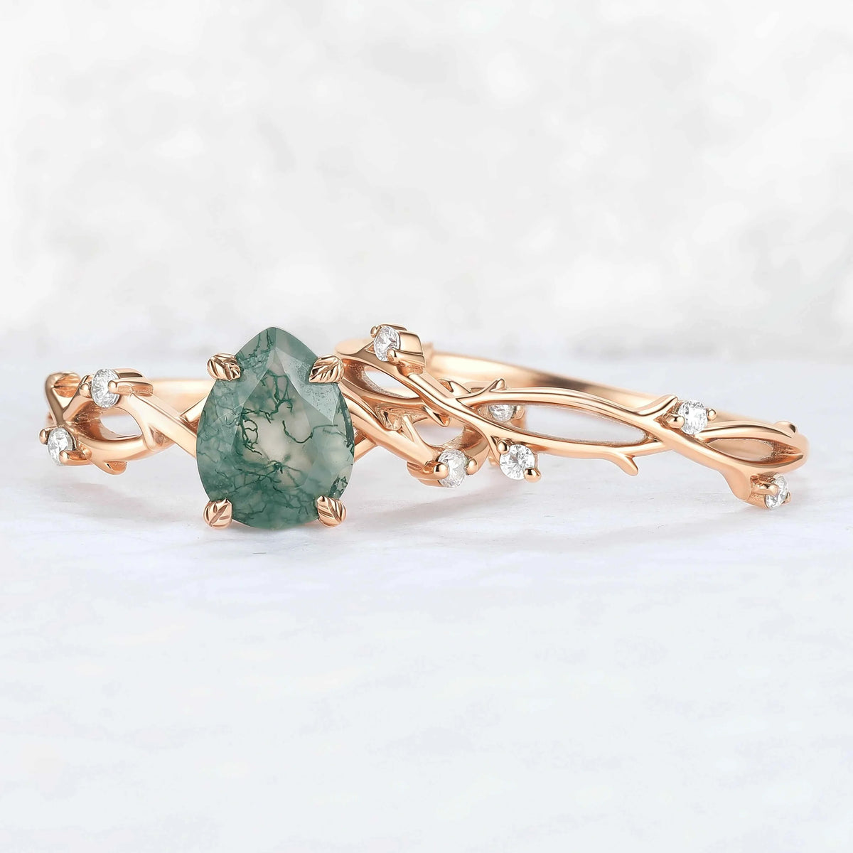 Unique Pear Cut Moss Agate Leaf and Vine Gemstone Ring Set 2pcs