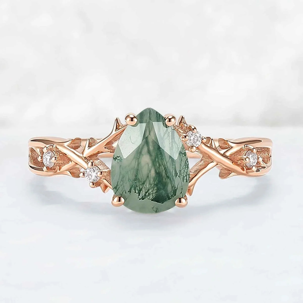 Unique Pear Cut Moss Agate Moissanite Vine Engagement Ring