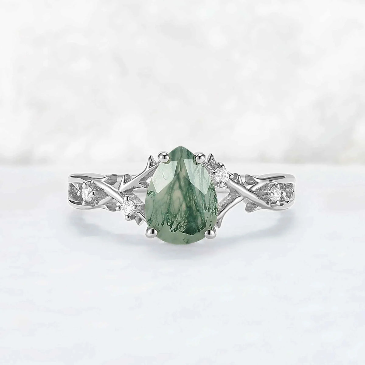 Unique Pear Cut Moss Agate Moissanite Vine Engagement Ring