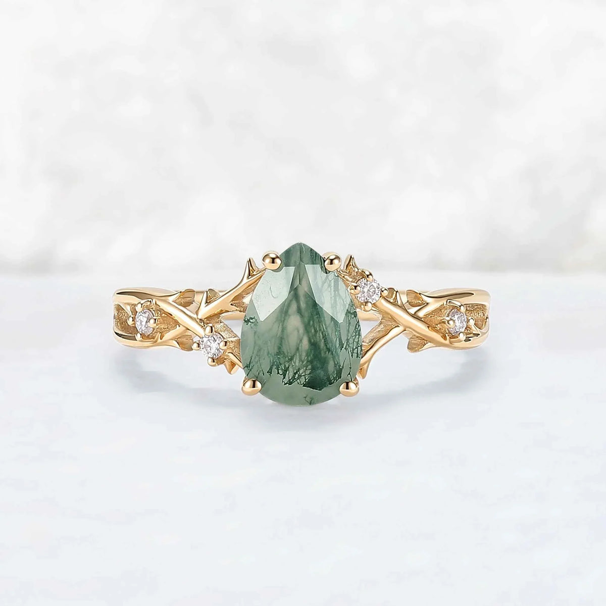 Unique Pear Cut Moss Agate Moissanite Vine Engagement Ring