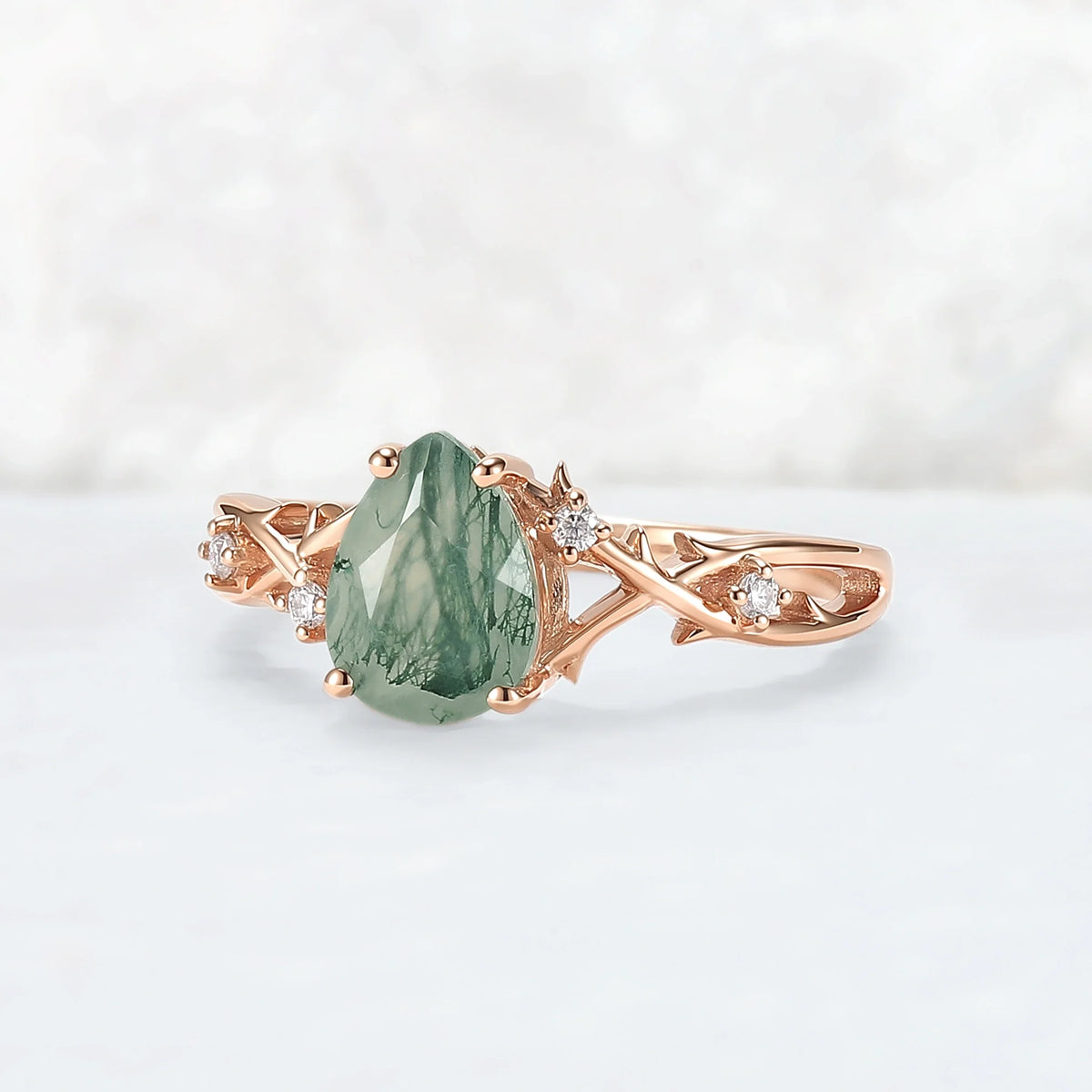 Unique Pear Cut Moss Agate Moissanite Vine Engagement Ring