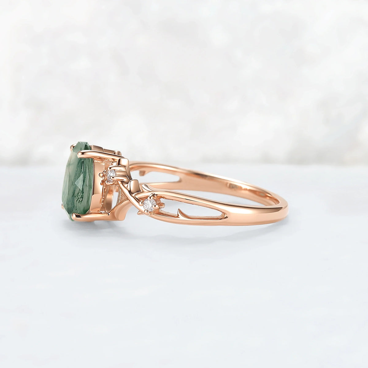 Unique Pear Cut Moss Agate Moissanite Vine Engagement Ring
