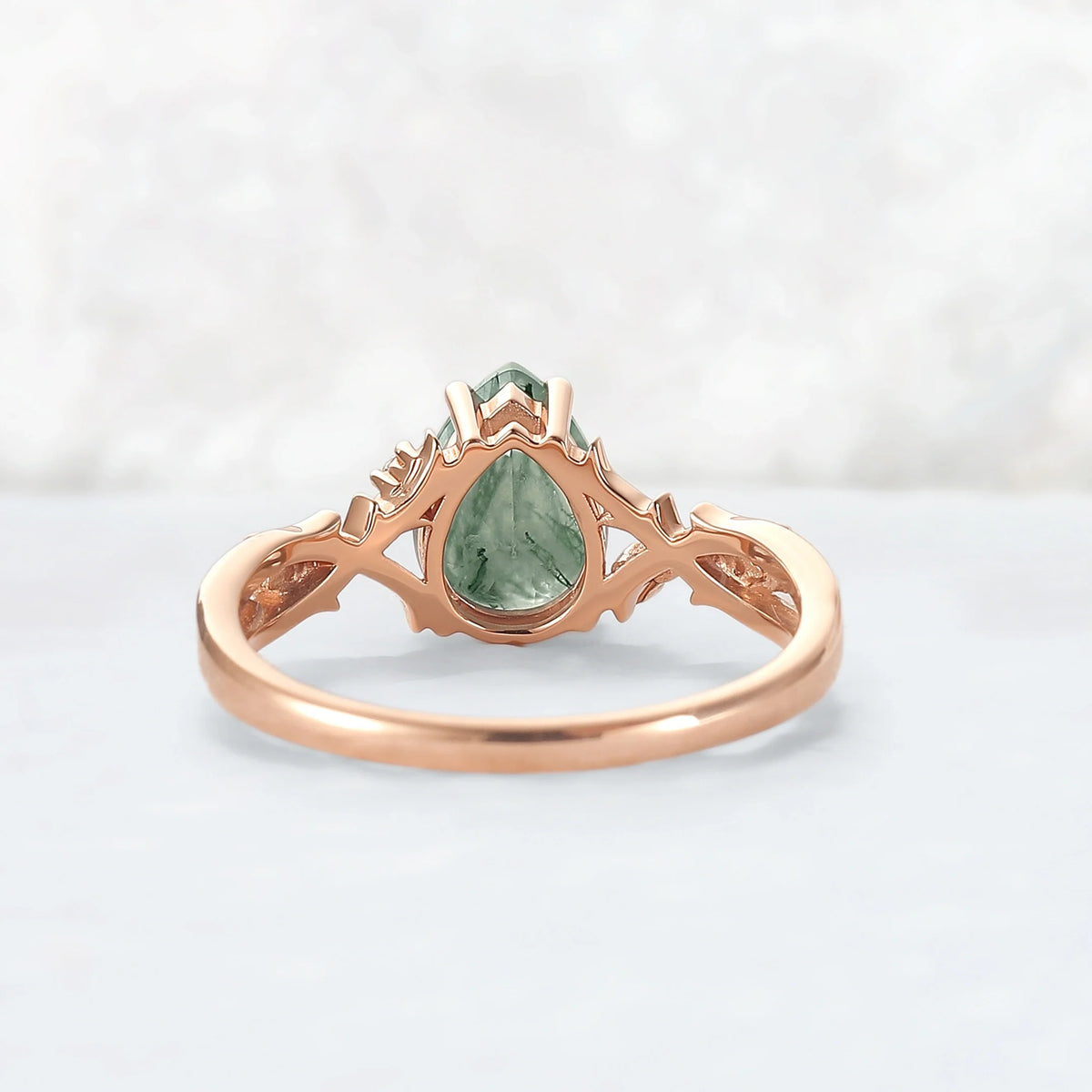 Unique Pear Cut Moss Agate Moissanite Vine Engagement Ring