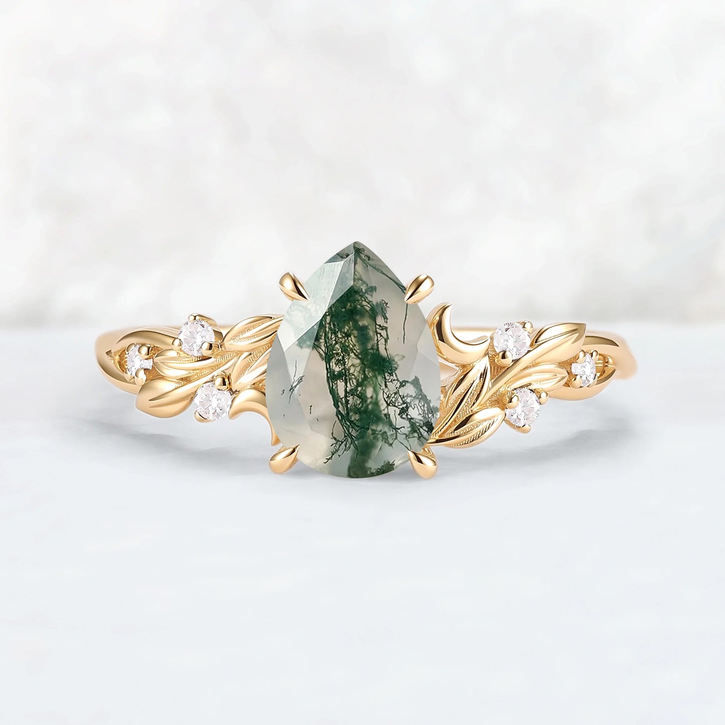Unique Pear Cut Moss Agate Moon Style Gemstone Ring