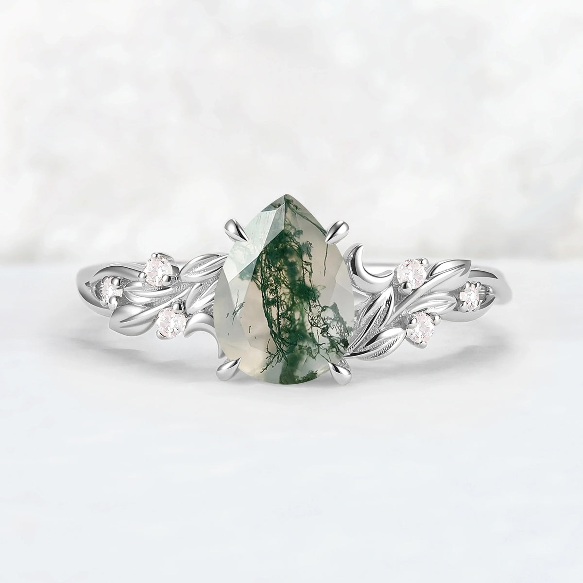 Unique Pear Cut Moss Agate Moon Style Gemstone Ring