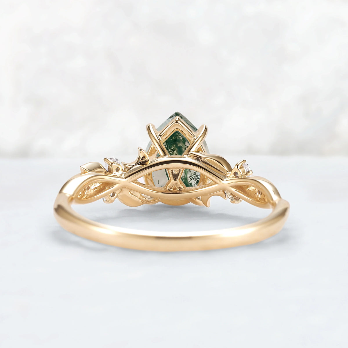 Unique Pear Cut Moss Agate Moon Style Gemstone Ring