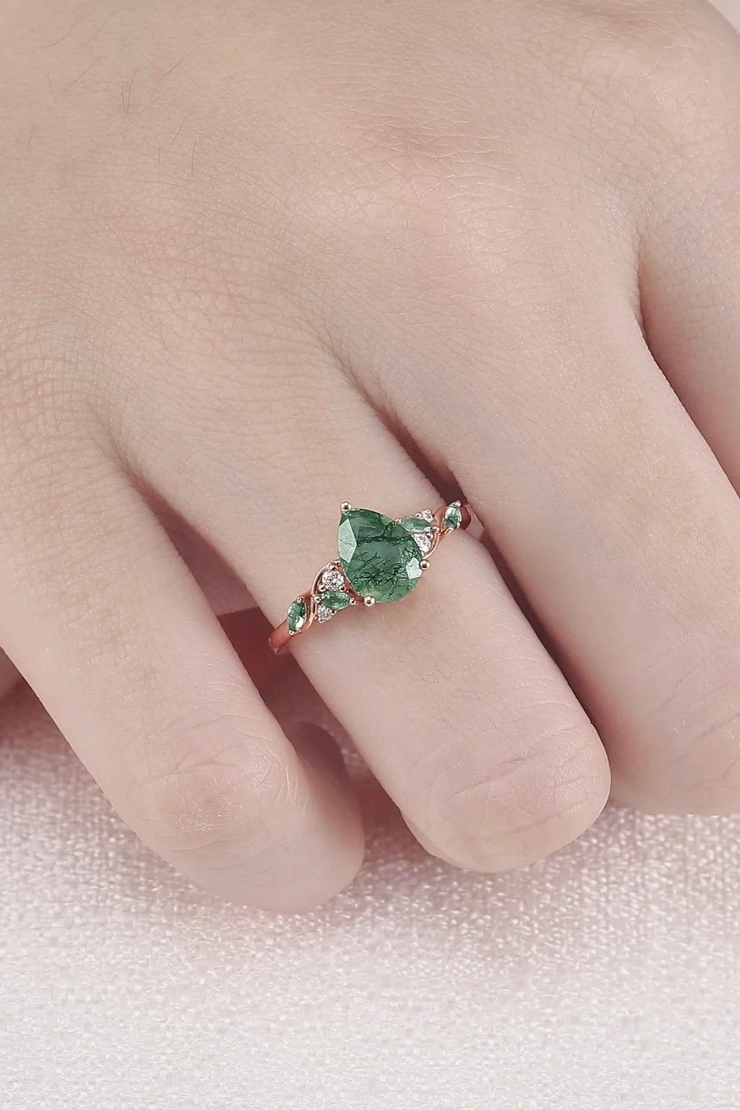 Unique Pear Cut Moss Agate Twisted Gemstone Ring