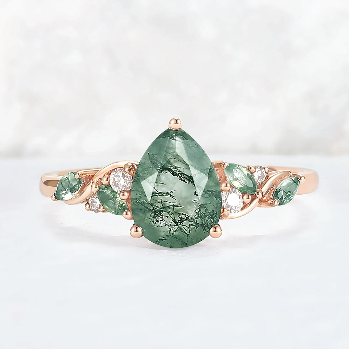 Unique Pear Cut Moss Agate Twisted Gemstone Ring