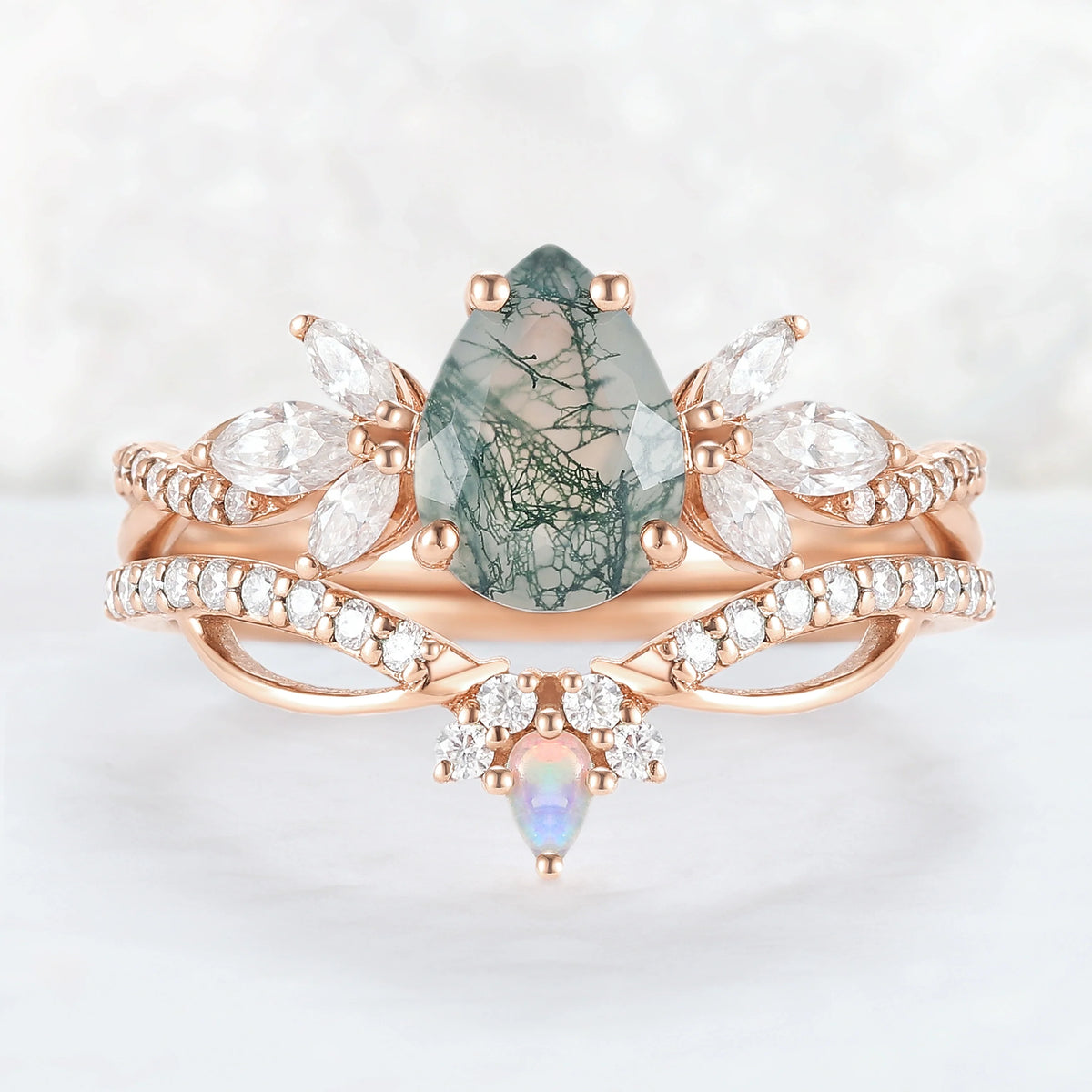 Unique Pear Shaped Moss Agate Vine Art Decor Ring Set