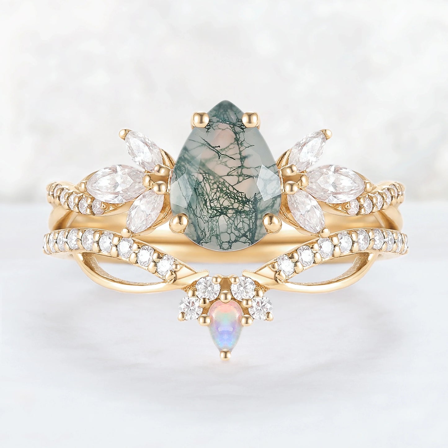 Unique Pear Shaped Moss Agate Vine Art Decor Ring Set