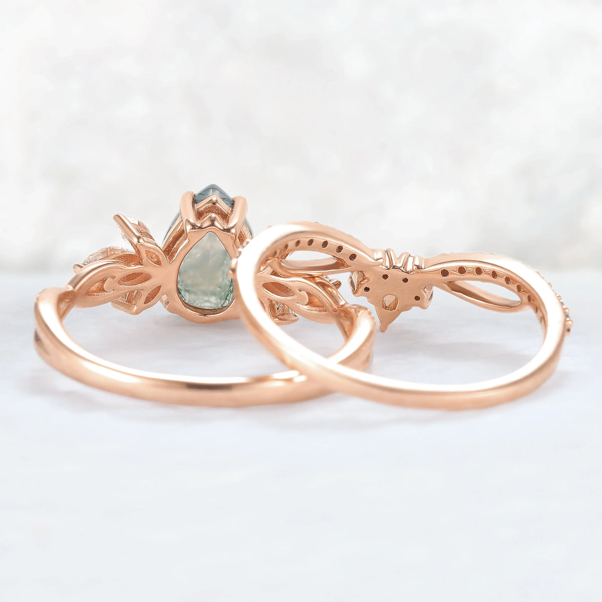 Unique Pear Shaped Moss Agate Vine Art Decor Ring Set