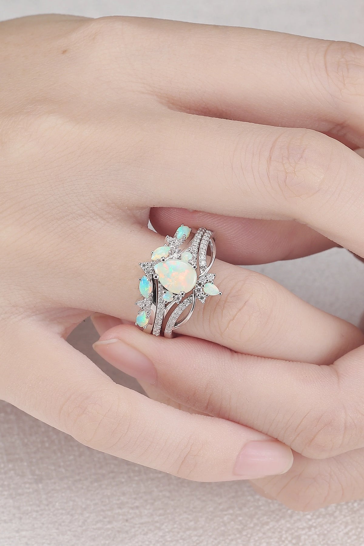 Unique Pear Shaped Natural Opal Vine Silver Ring Set 3pcs