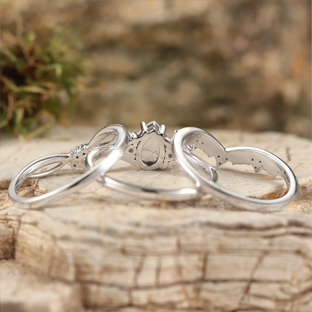 Unique Pear Shaped Natural Opal Vine Silver Ring Set 3pcs