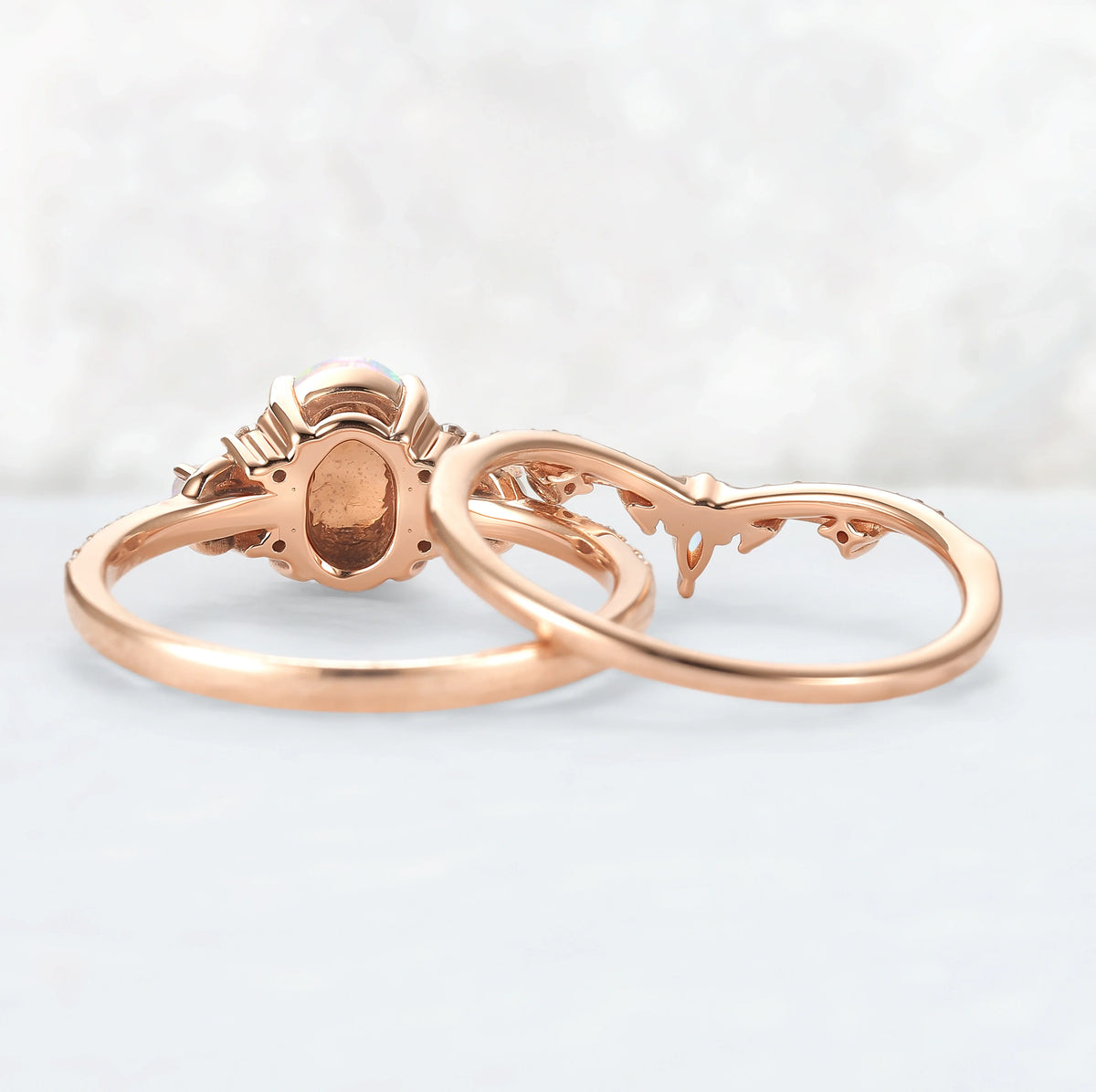 Unique Oval Shaped Natural Opal Vine Ring Set 2pcs