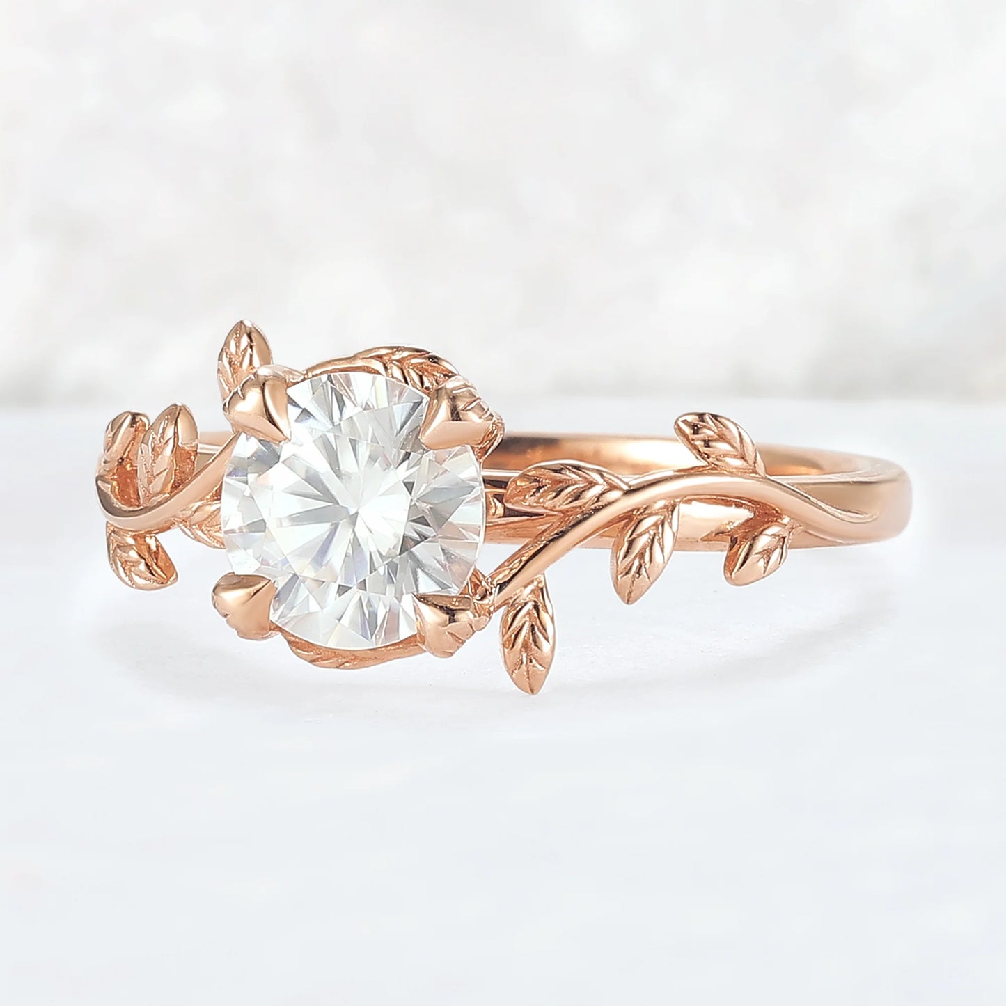 Unique Round Shaped Moissanite Leaf Ring
