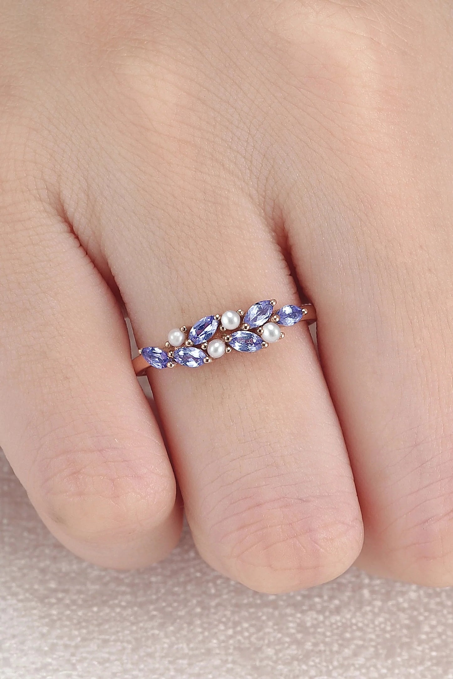 Unique Sapphire and Pearl Half Enternity Wedding Band