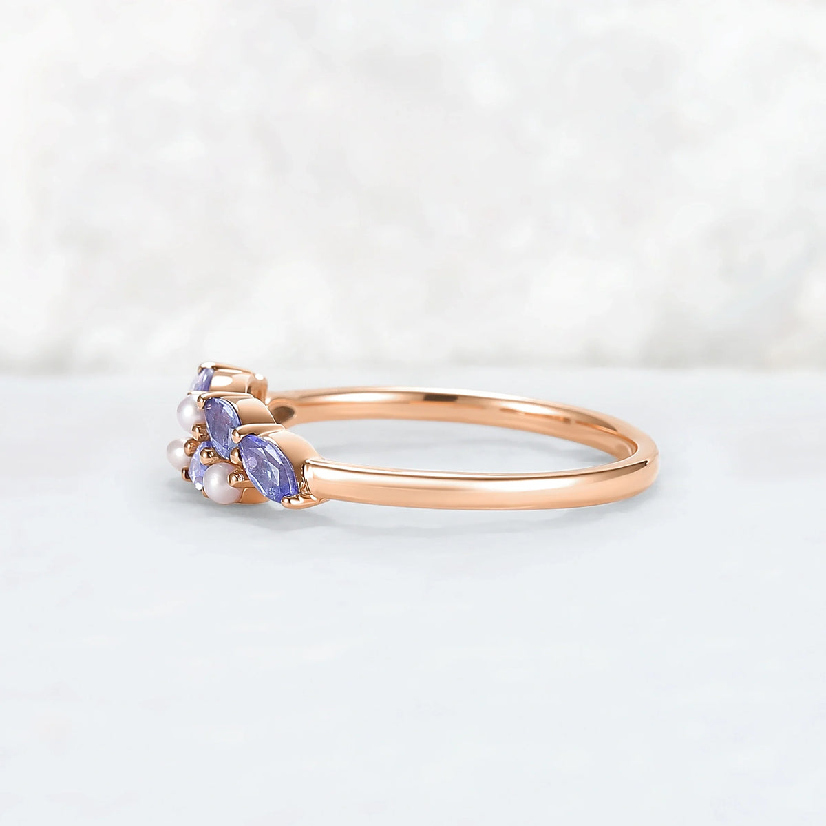 Unique Sapphire and Pearl Half Enternity Wedding Band