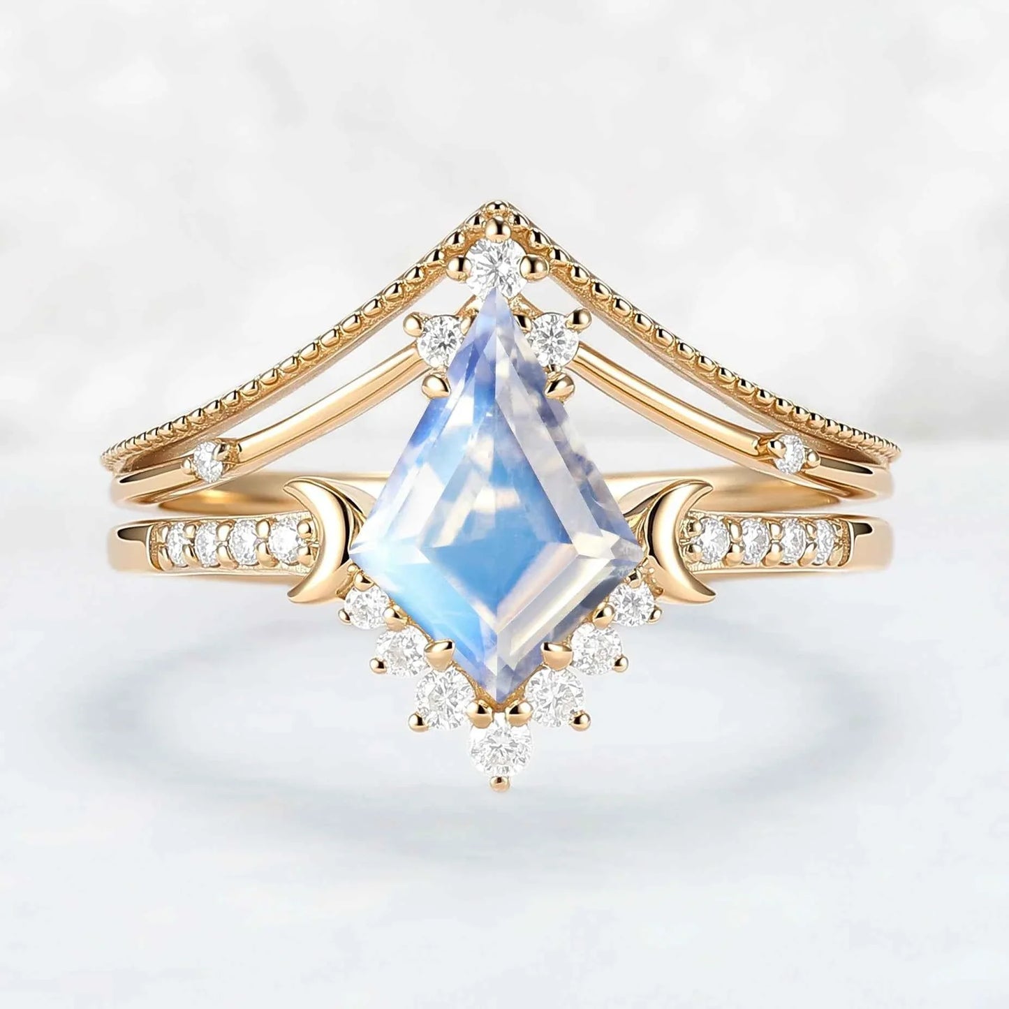 Unique kite Cut Moonstone Moon Gemstone Ring Set 2pcs
