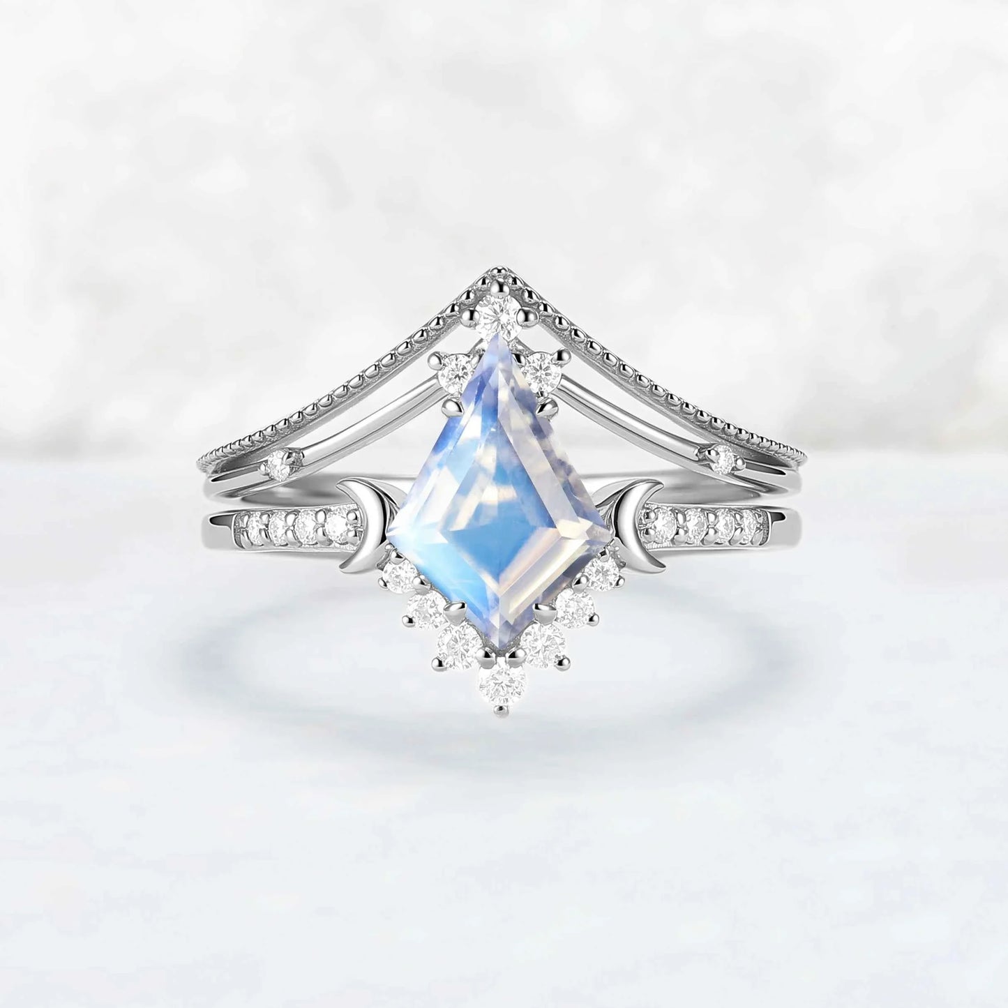 Unique kite Cut Moonstone Moon Gemstone Ring Set 2pcs