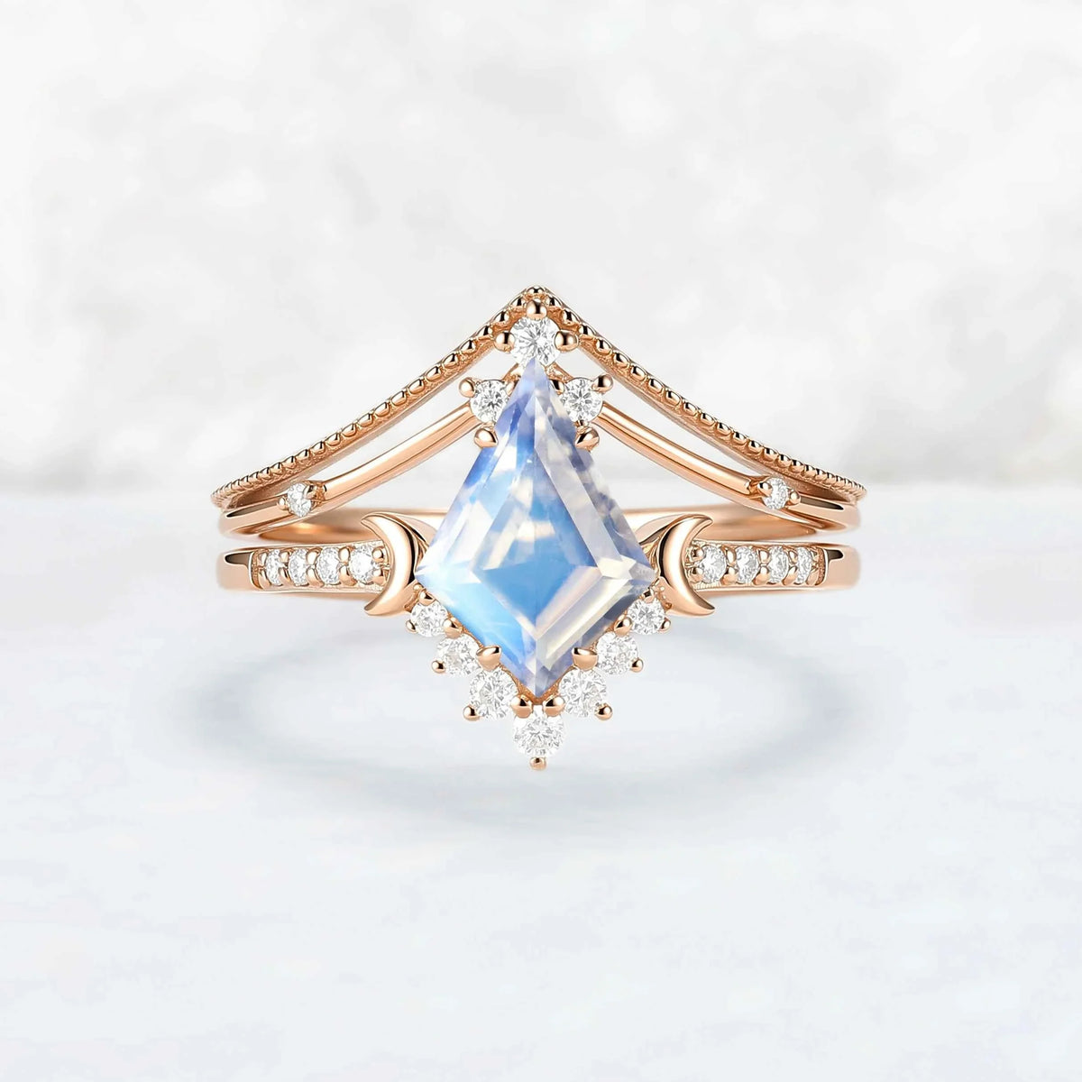 Unique kite Cut Moonstone Moon Gemstone Ring Set 2pcs