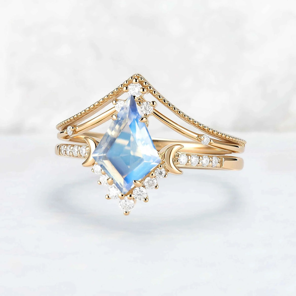 Unique kite Cut Moonstone Moon Gemstone Ring Set 2pcs