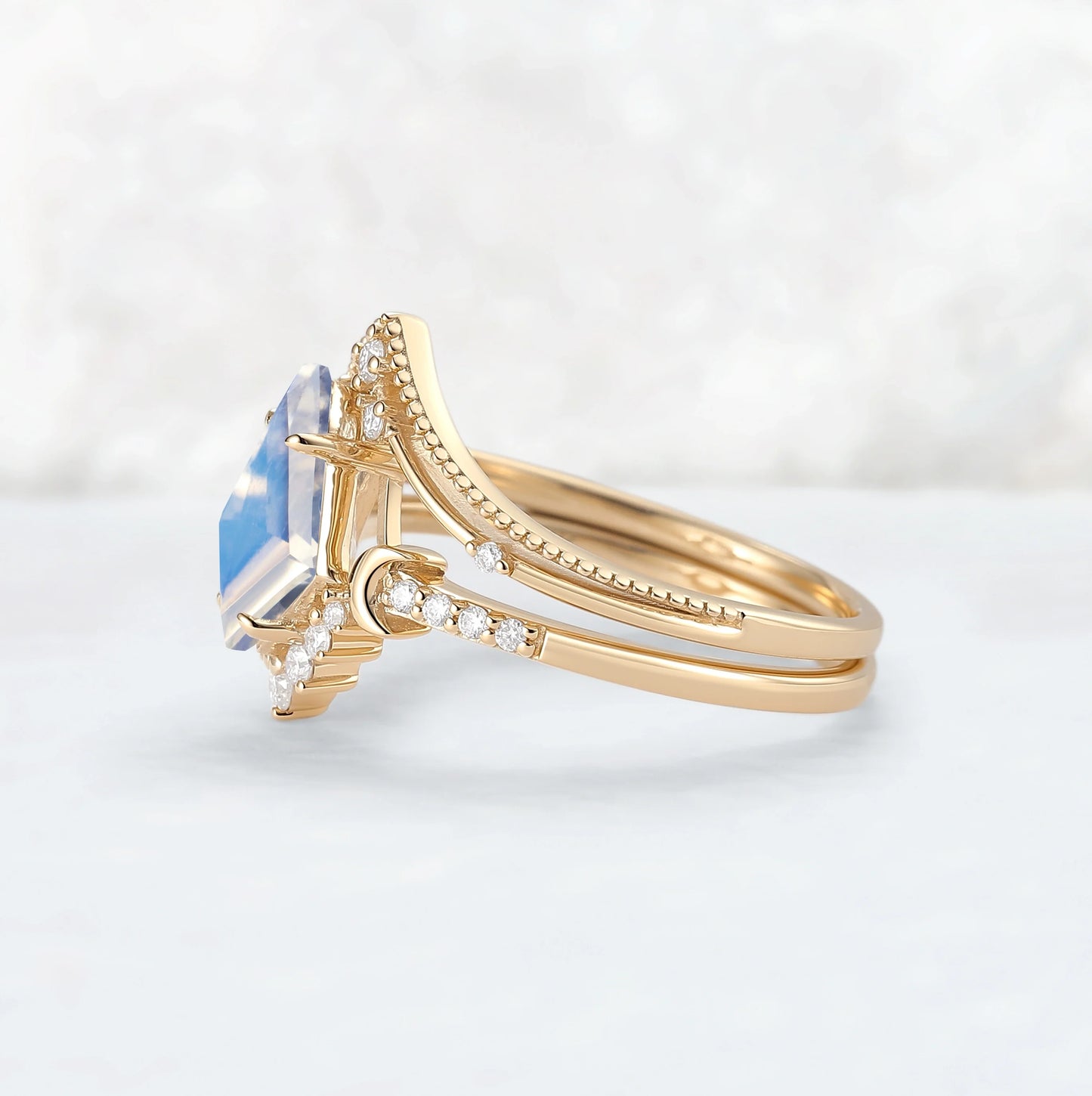 Unique kite Cut Moonstone Moon Gemstone Ring Set 2pcs