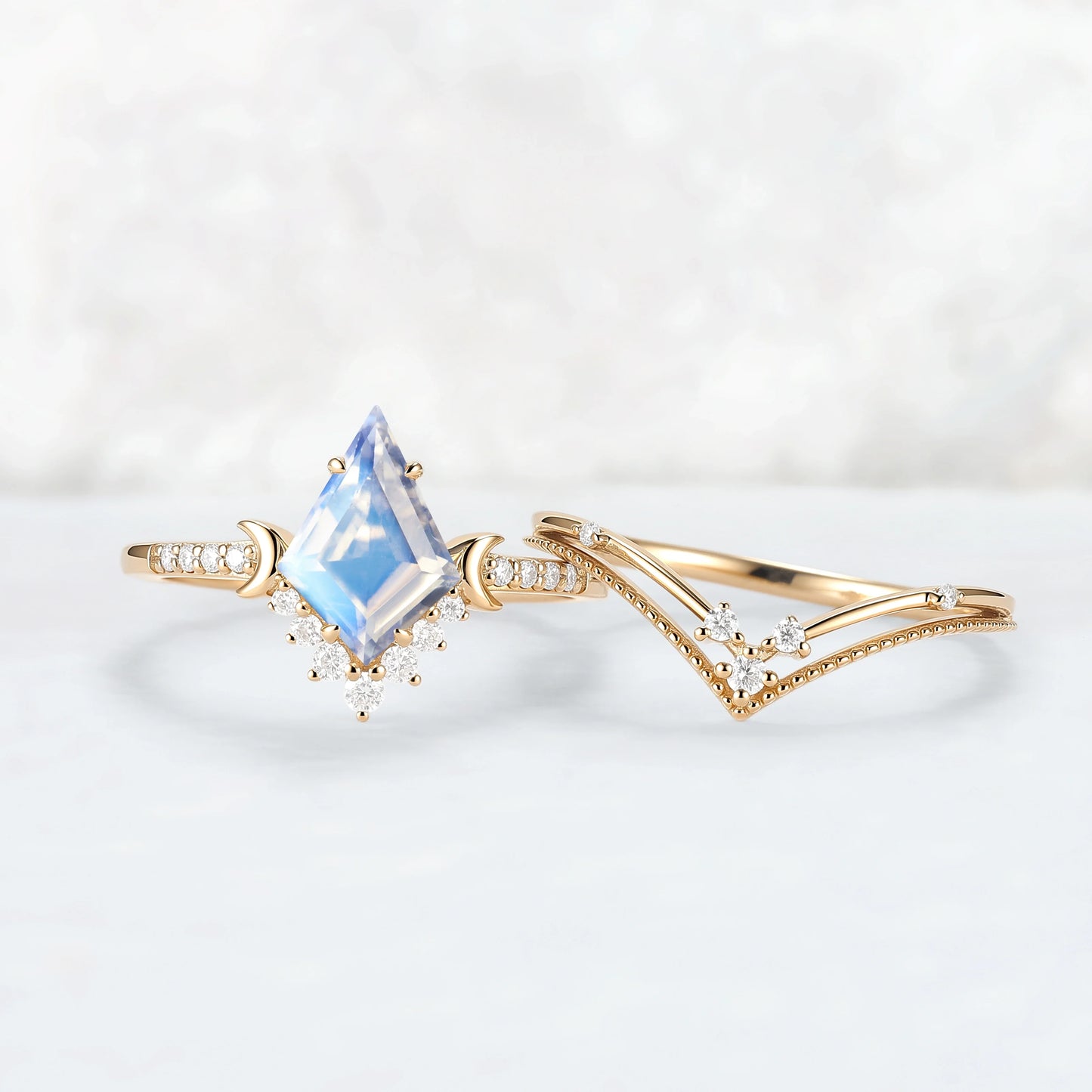 Unique kite Cut Moonstone Moon Gemstone Ring Set 2pcs