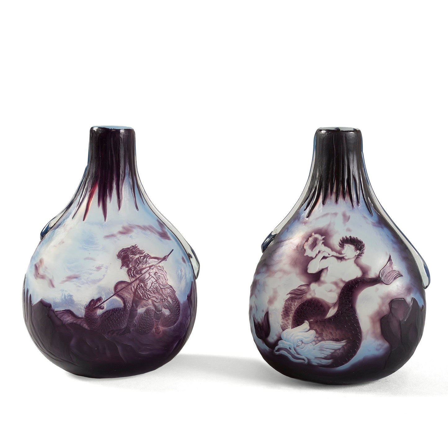 Louis Damon pair of "Vase of Triton" & "Vase of Saint George Slaying the Dragon," Cameo Glass Vases