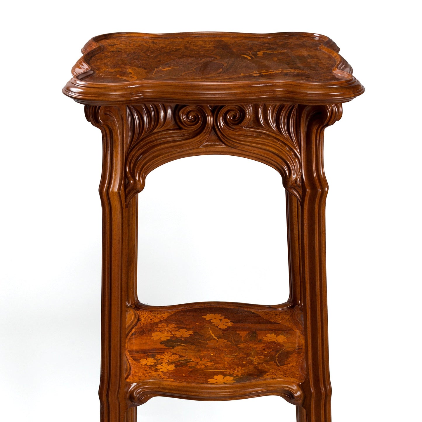 Émile Gallé Carved French Walnut and Fruitwood Marquetry Pedestal