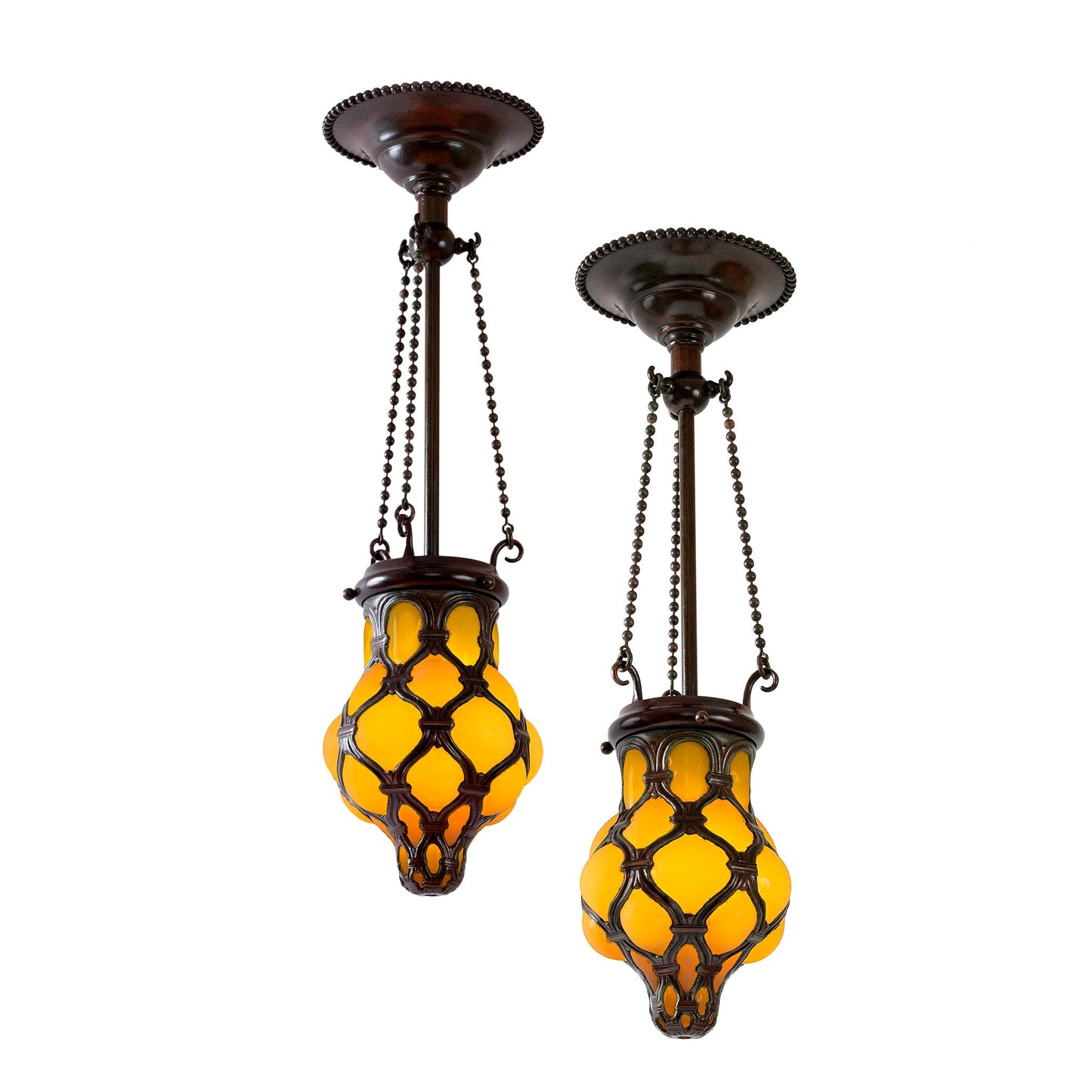 Pair of Tiffany Studios New York "Globe" Glass and Bronze Chandeliers