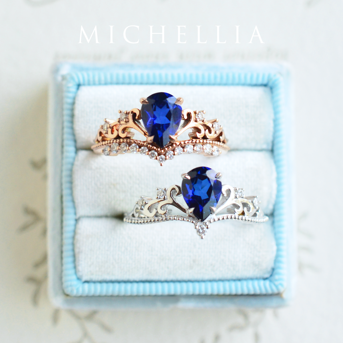 [Veronica] Vintage Crown Pear Cut Ring in Lab Blue Sapphire