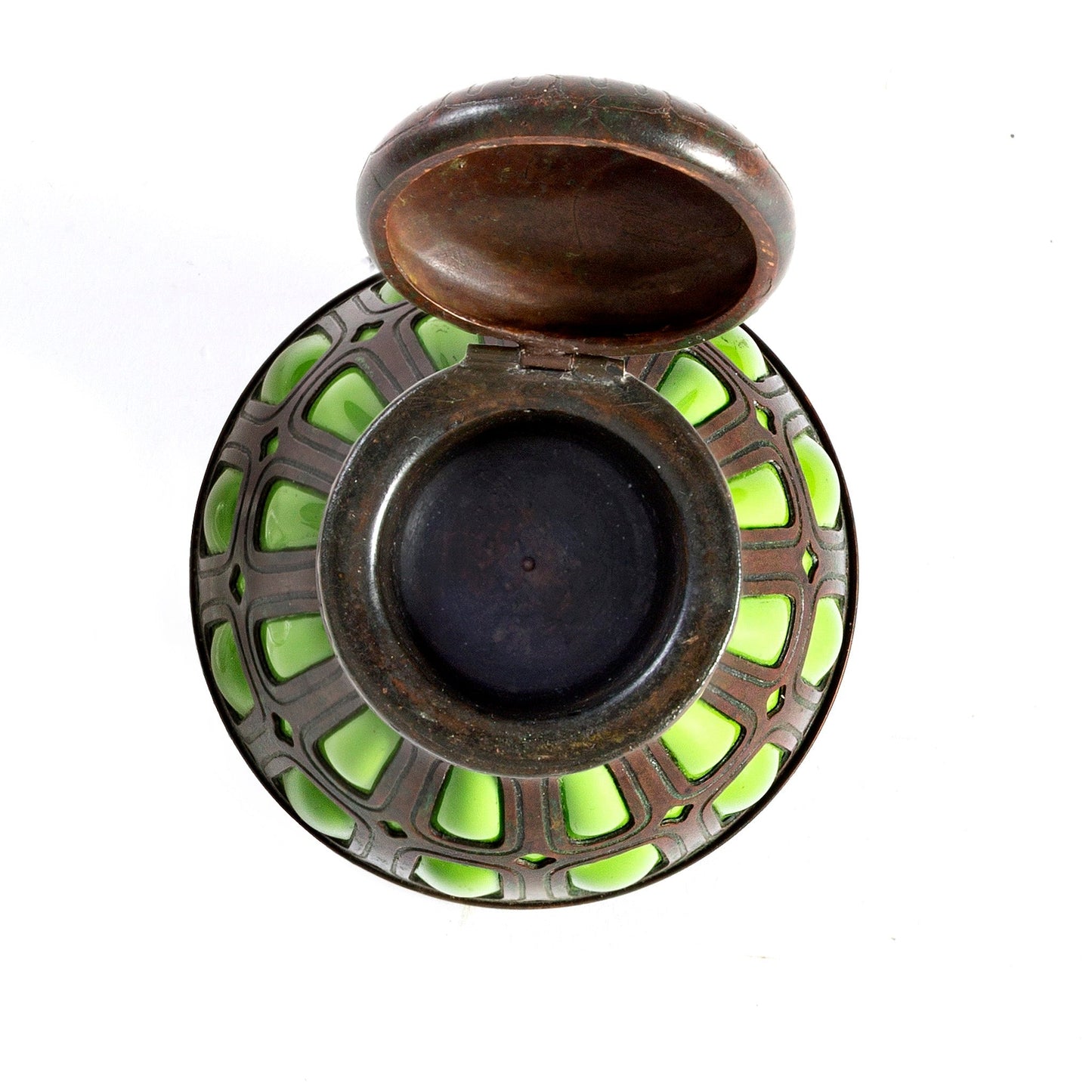 Tiffany Studios New York Bronze and Green Glass Inkwell