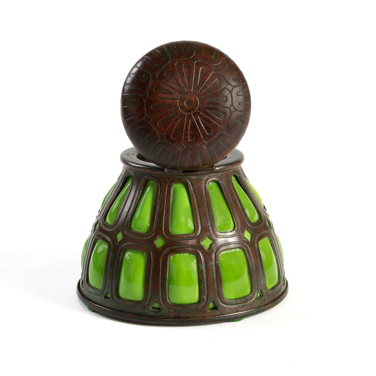 Tiffany Studios New York Bronze and Green Glass Inkwell
