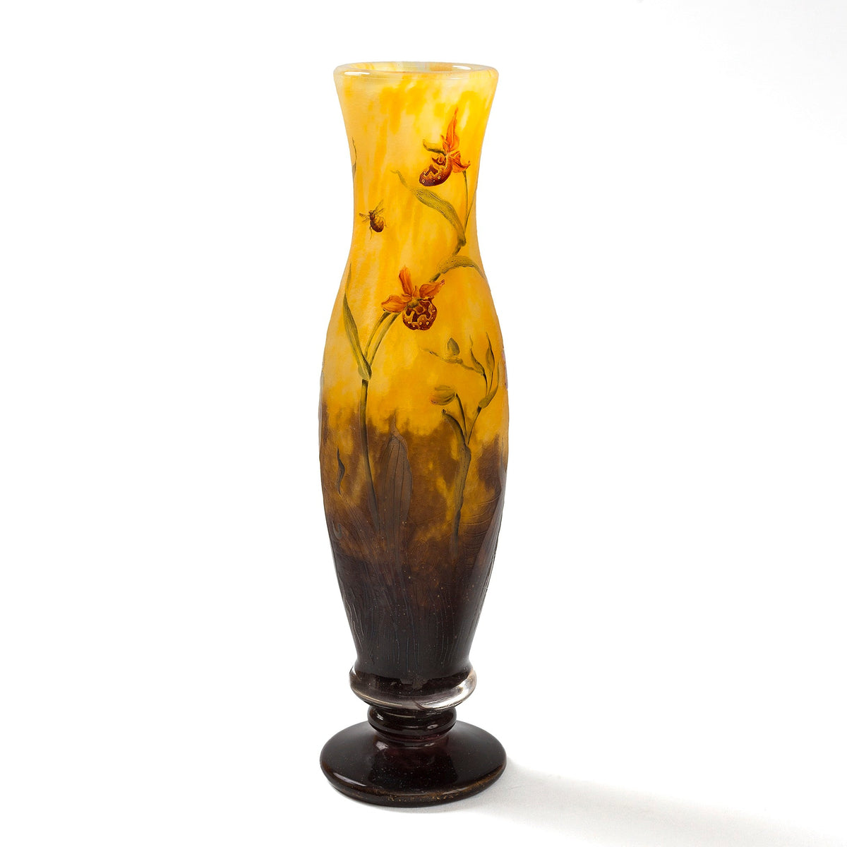 Daum Nancy Enameled and Etched Orchid Landscape Glass Vase
