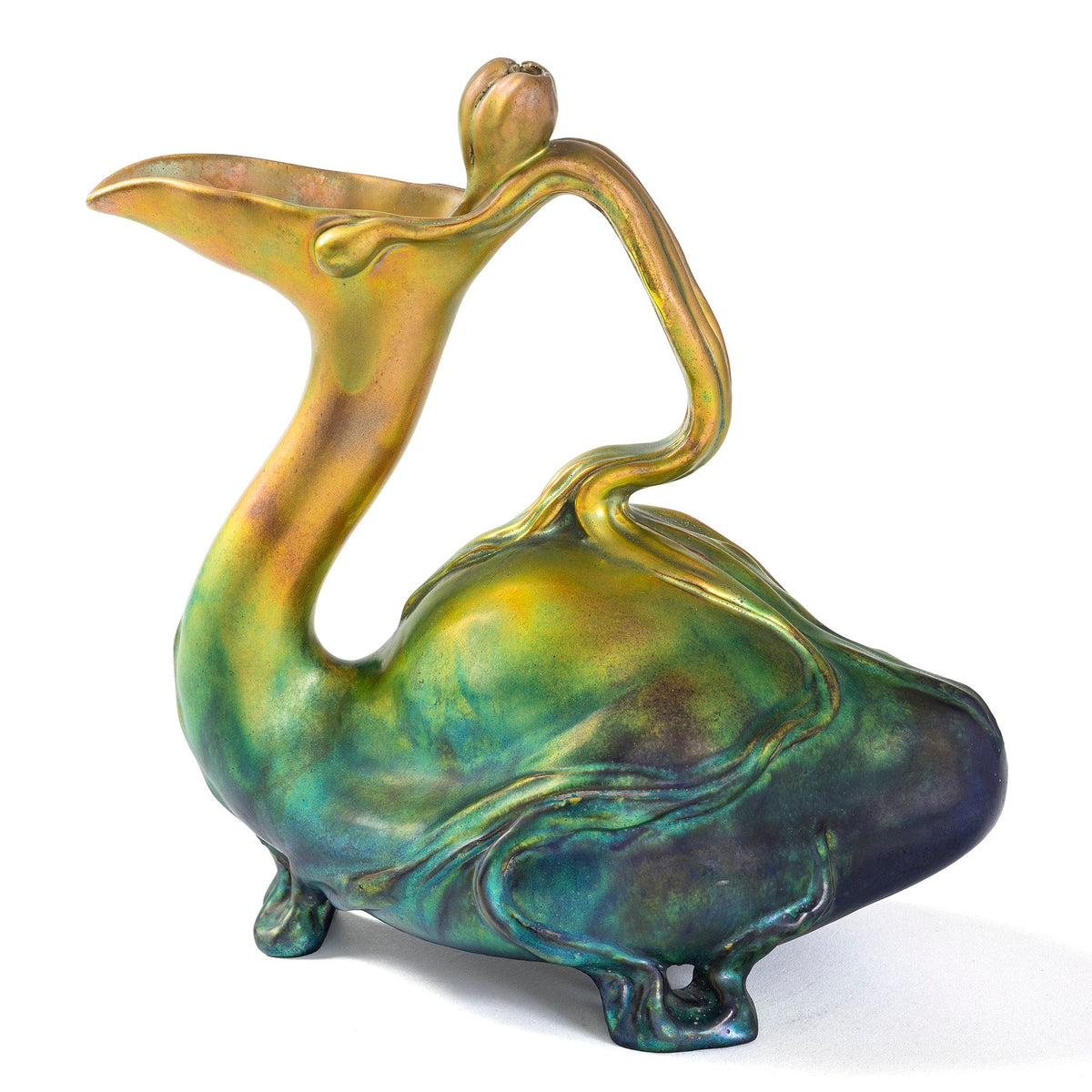 Zsolnay "Bird and Tulip" Glazed Ceramic Ewer