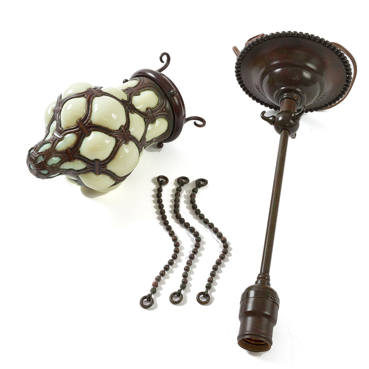 Pair of Tiffany Studios New York "Globe" Glass and Bronze Chandeliers