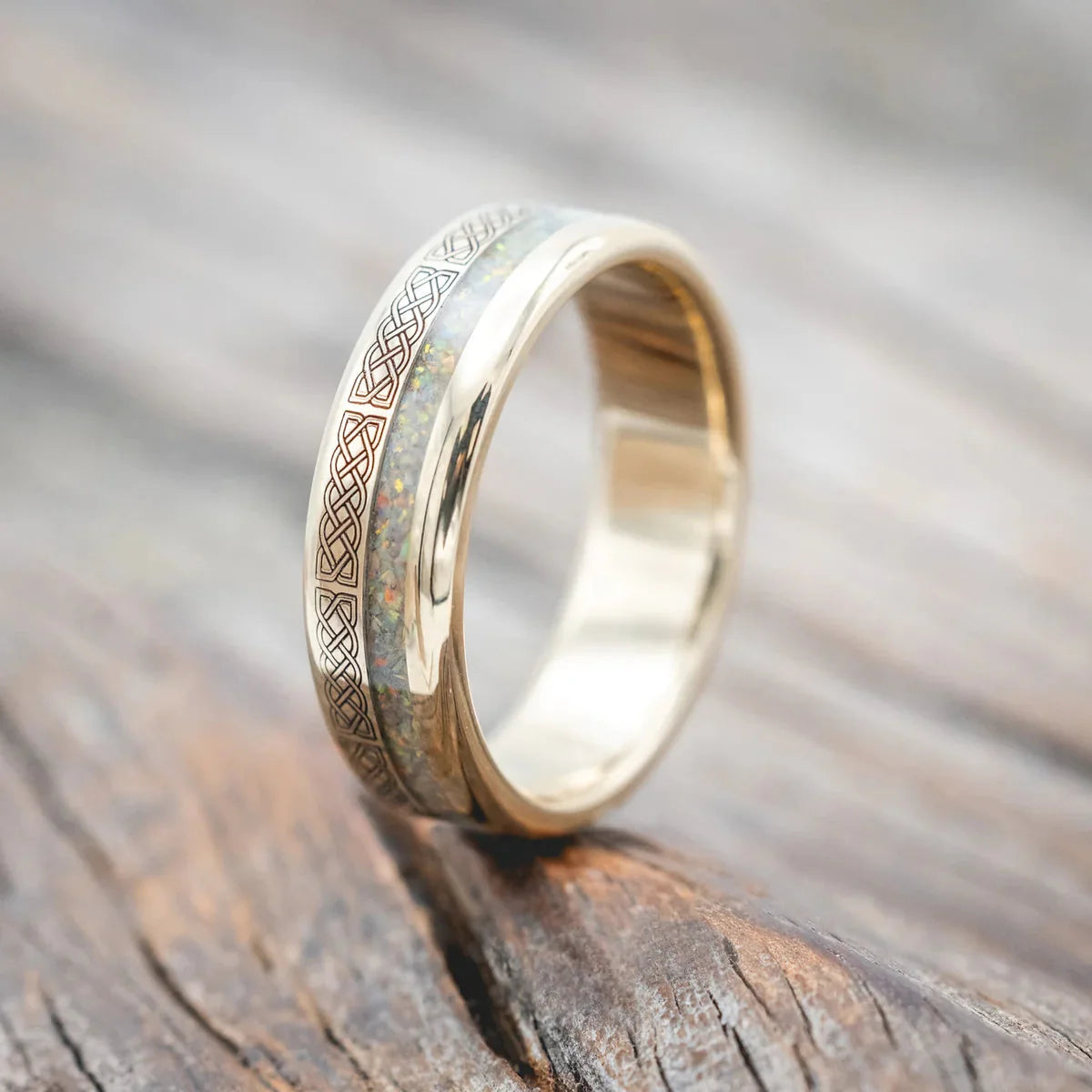 "Vertigo" - Celtic Sailor's Knot Engraved With Fire & Ice Opal Wedding Ring - 14K Yellow Gold (6mm) - Size 8 1/2