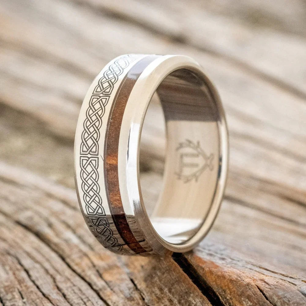 "Vertigo" - Celtic Sailor's Knot Engraved Wedding Ring With Redwood - Titanium (8mm) - Size 10