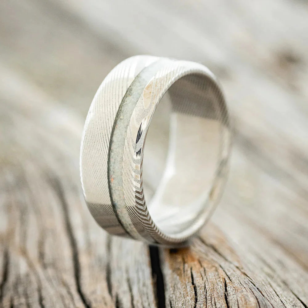 "Vertigo" - Fire & Ice Opal Wedding Band - Damascus Steel (8mm) - Size 5 1/2