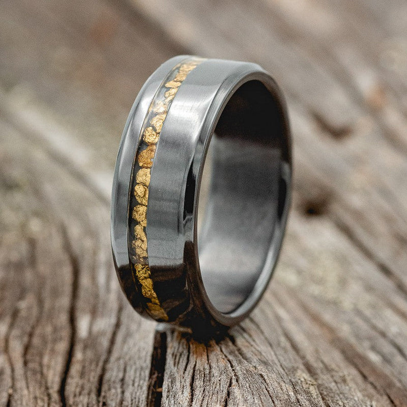 "Vertigo" - Gold Nugget Inlay Wedding Ring - Black Zirconium (8mm) - Size 8 1/2